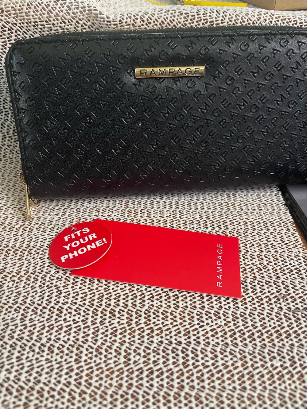 NWT Rampage Black Embossed Zip-Around Wallet & phone holder with Gold Accents